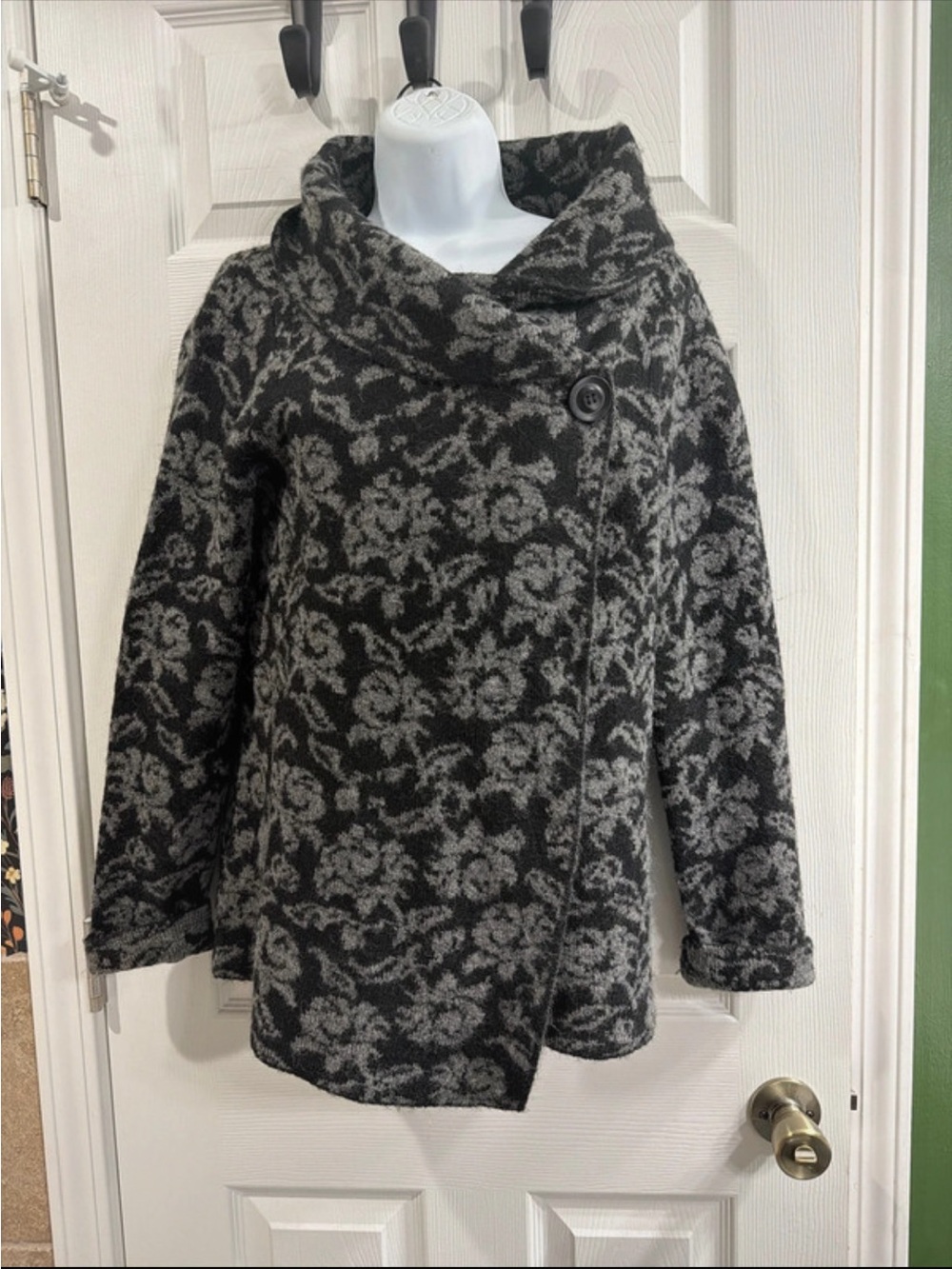 Ellen Tracy Charcoal and Light Gray Floral Cowl Neck Sweater